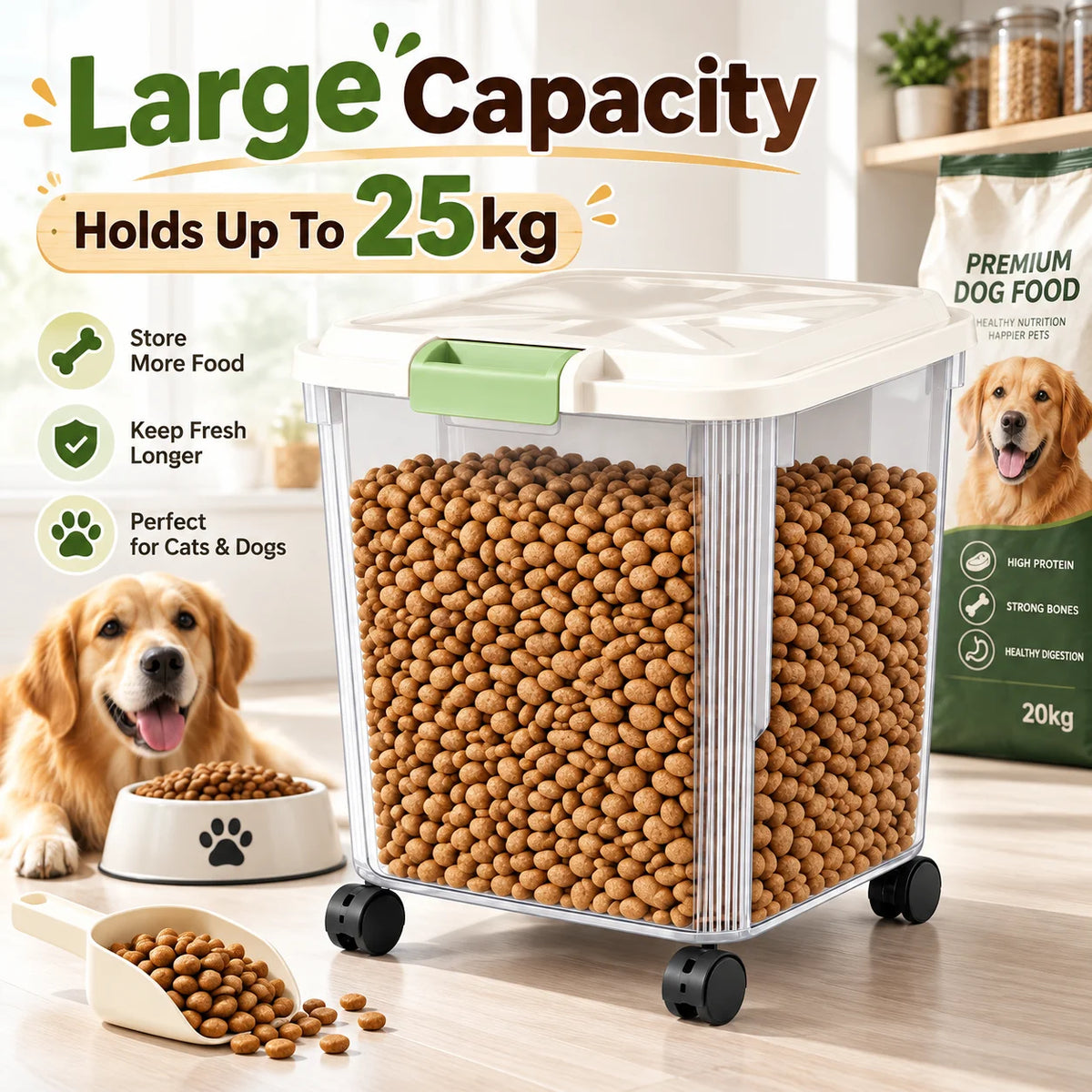 Airtight Pet Food Storage Container With Wheels And Measuring Cup