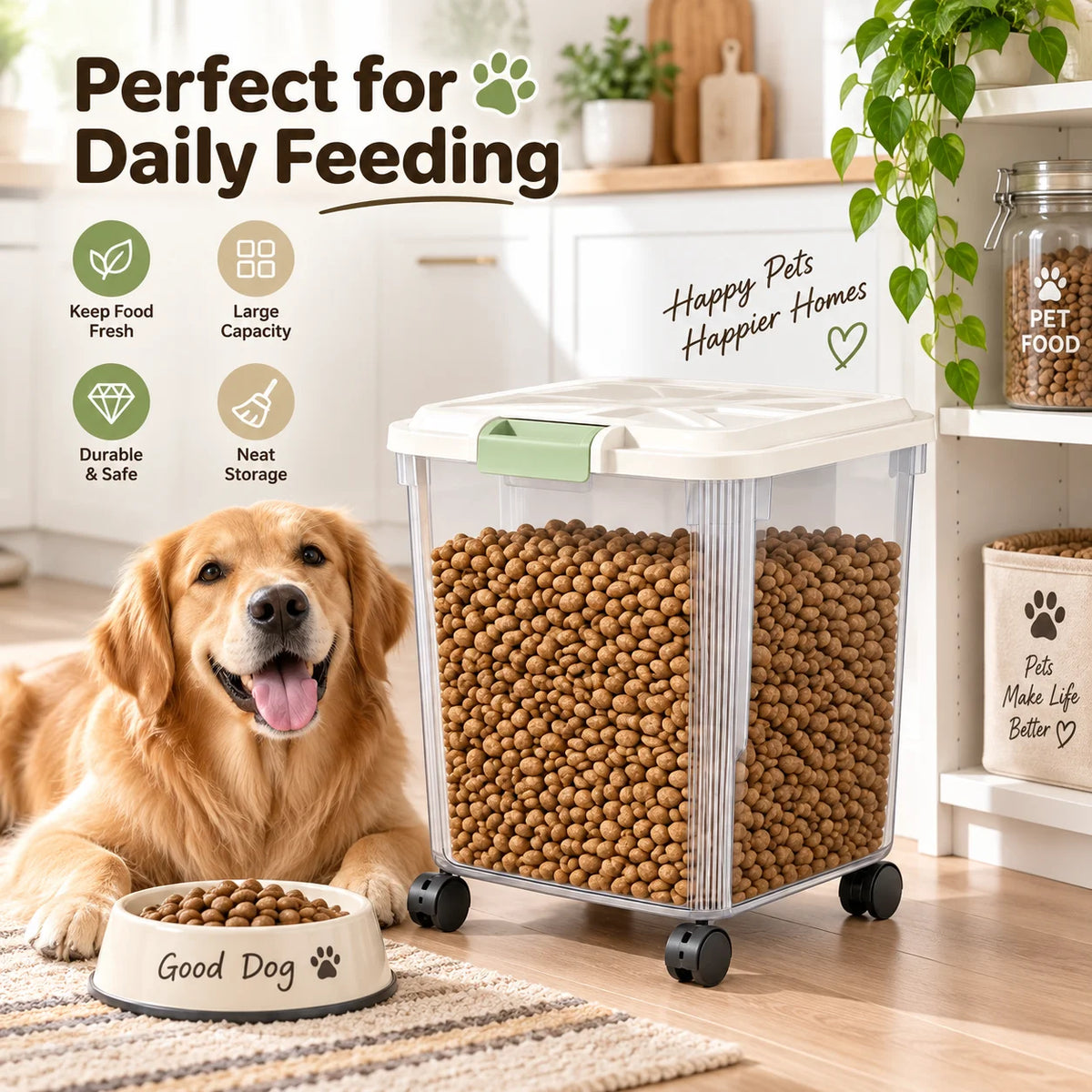 Airtight Pet Food Storage Container With Wheels And Measuring Cup