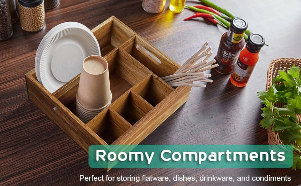 Acacia Wood Utensil Holder and Paper Plate Organizer for Kitchen