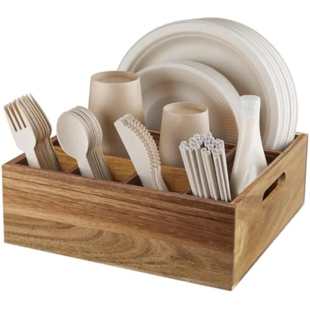 Acacia Wood Utensil Holder and Paper Plate Organizer for Kitchen