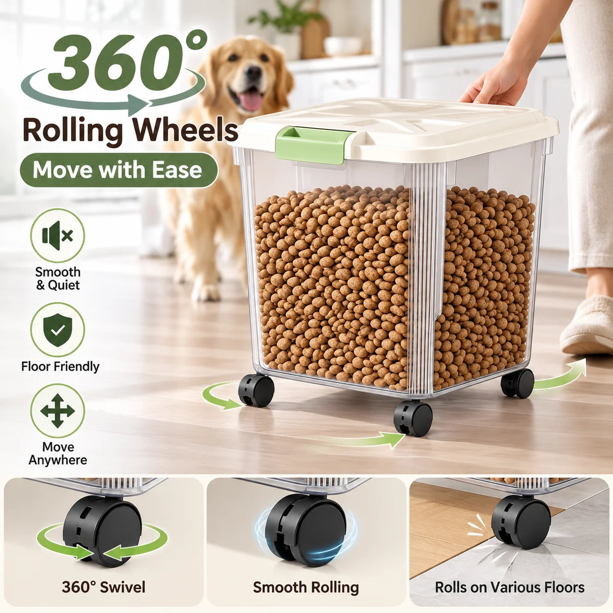 Airtight Pet Food Storage Container With Wheels And Measuring Cup