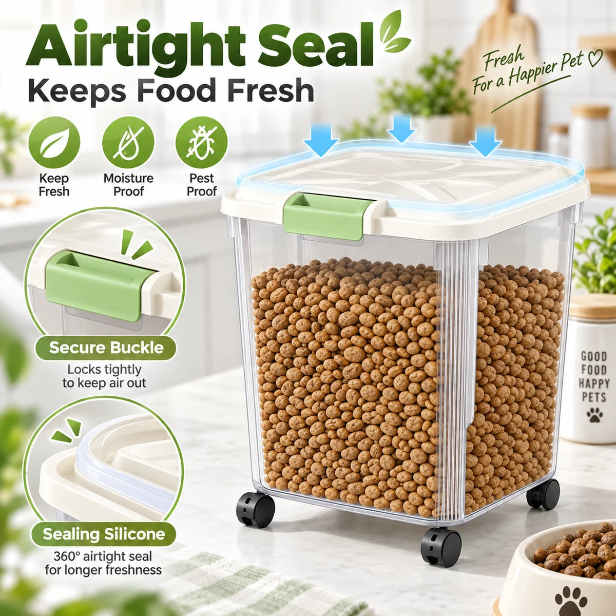 Airtight Pet Food Storage Container With Wheels And Measuring Cup