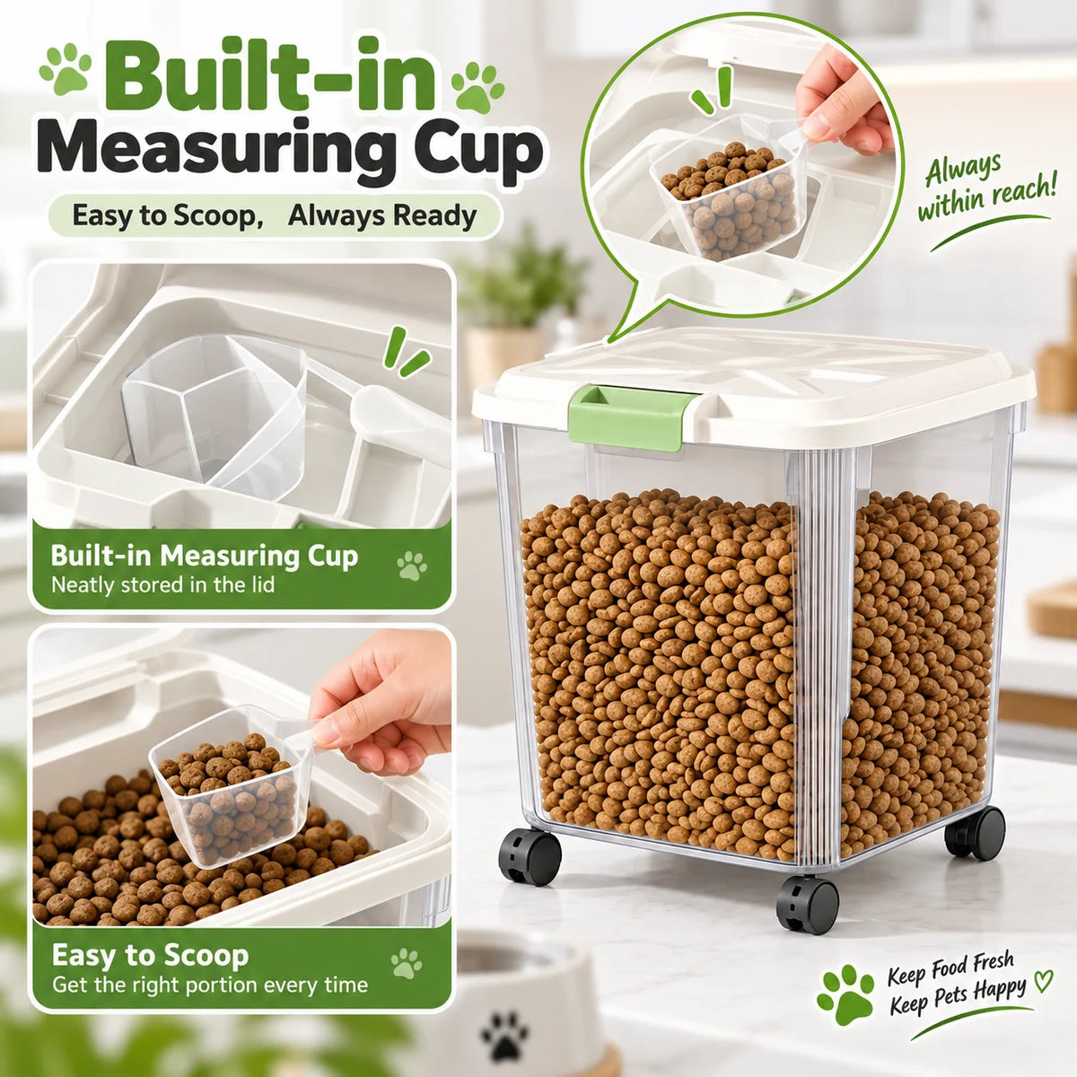 Airtight Pet Food Storage Container With Wheels And Measuring Cup