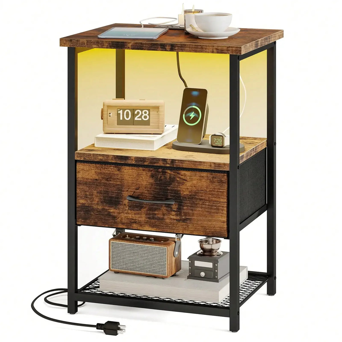 Bedside Nightstand With Charging Station, LED Light And Fabric Drawers