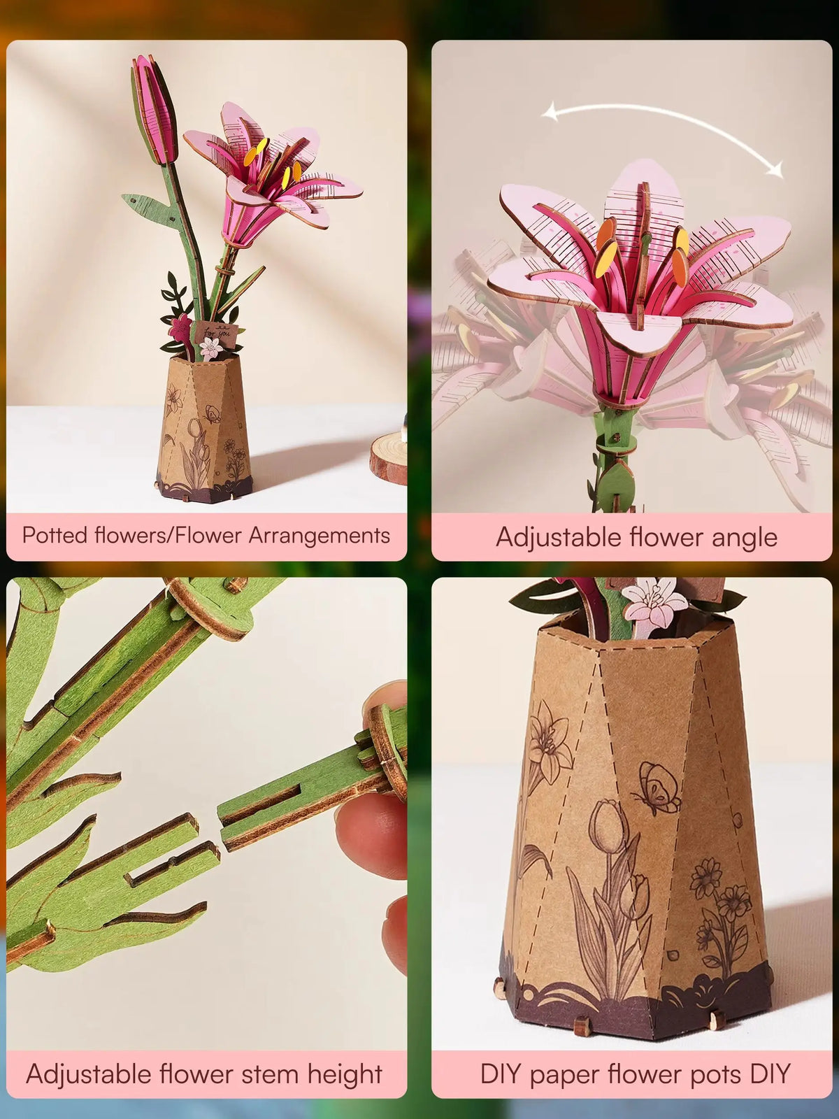Rolife Wooden Lily Flower 3D Puzzle DIY Bouquet Building Kit