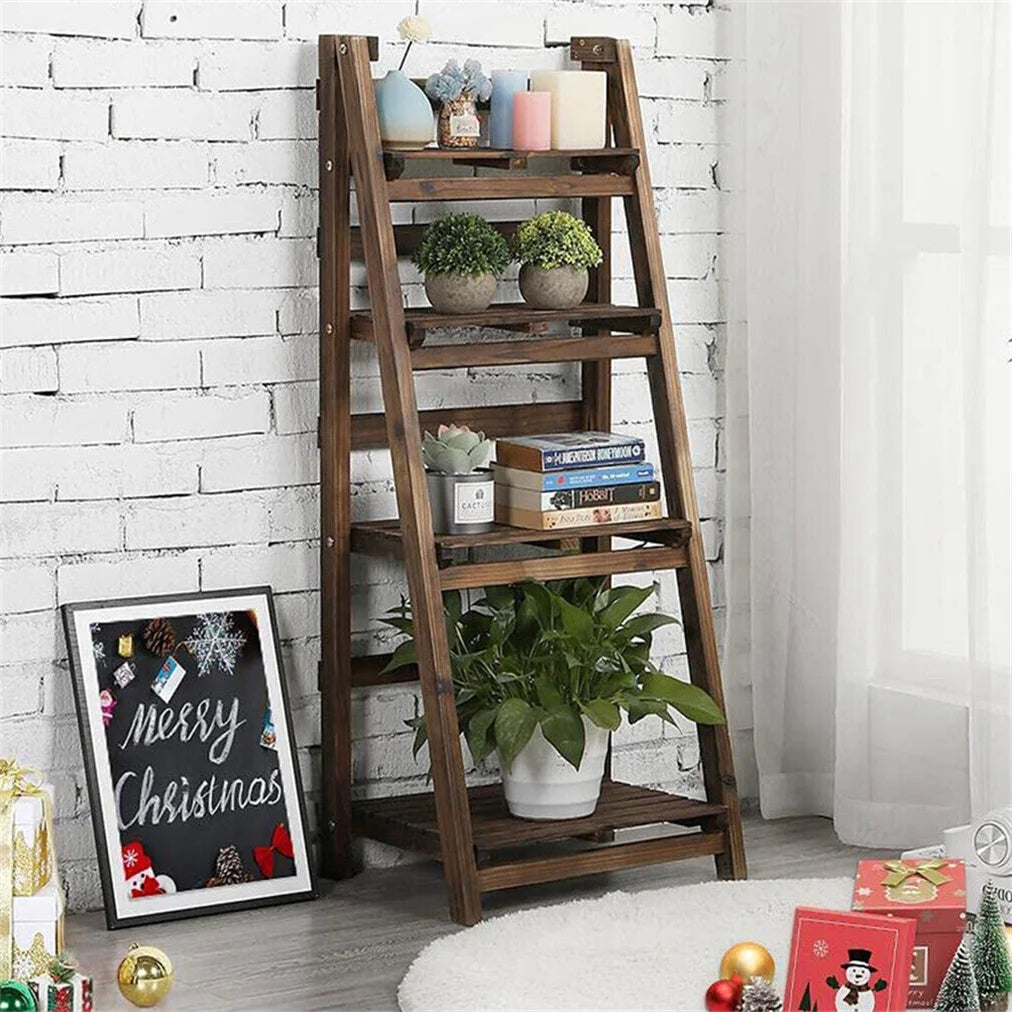 Folding Four Tier Wooden Ladder Shelf Bookcase Plant Display Rack