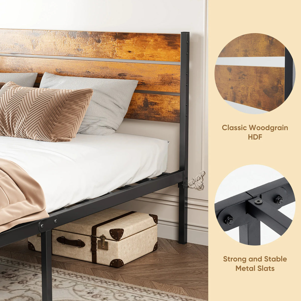 MCQ Wooden Headboard Metal Platform Bed Frame With Slat Support