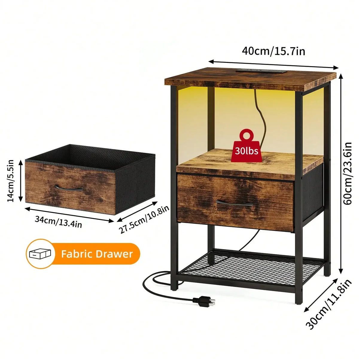 Bedside Nightstand With Charging Station, LED Light And Fabric Drawers