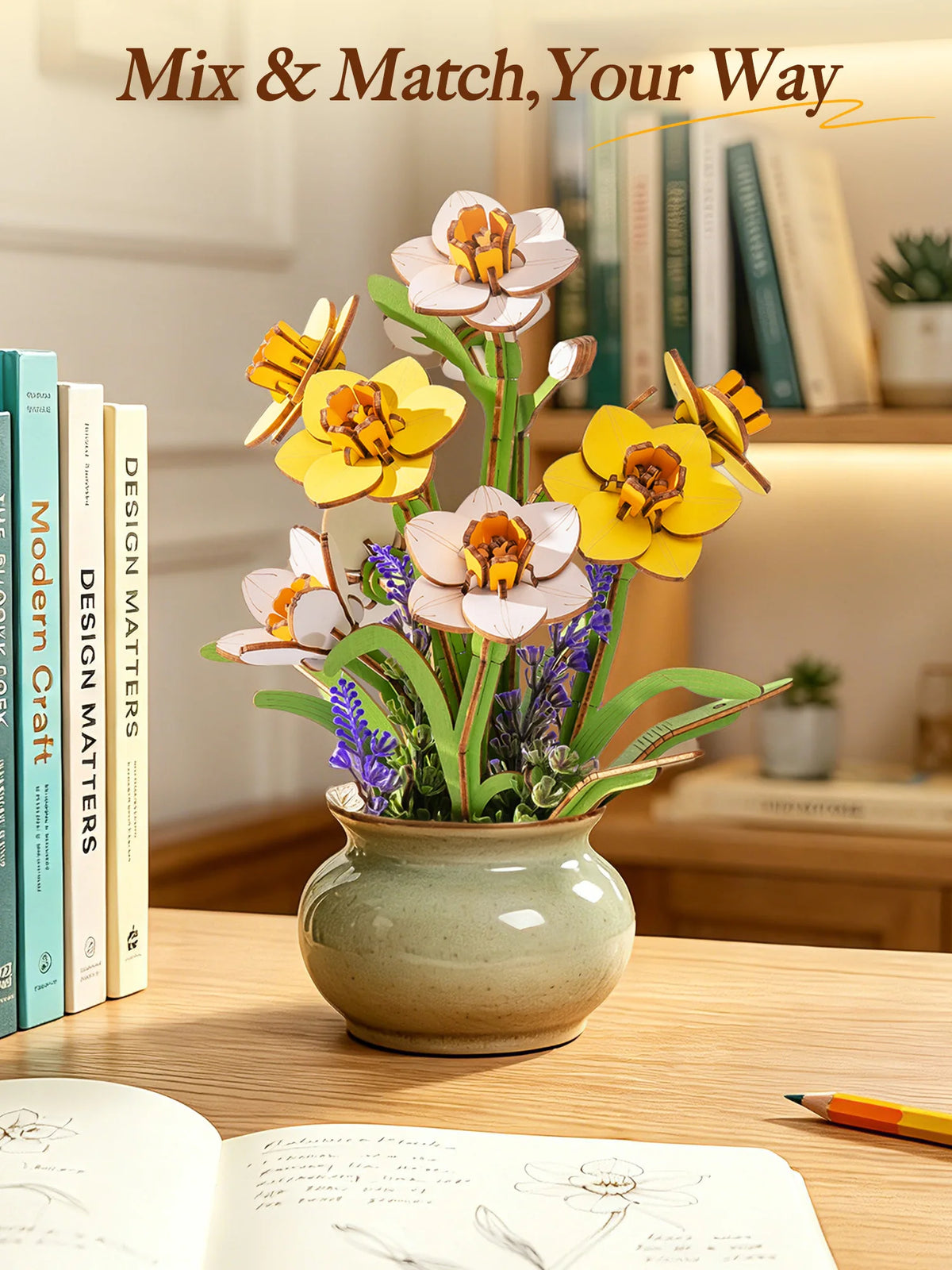 ROKR Wooden Narcissus Flower 3D Puzzle DIY Bouquet Building Kit