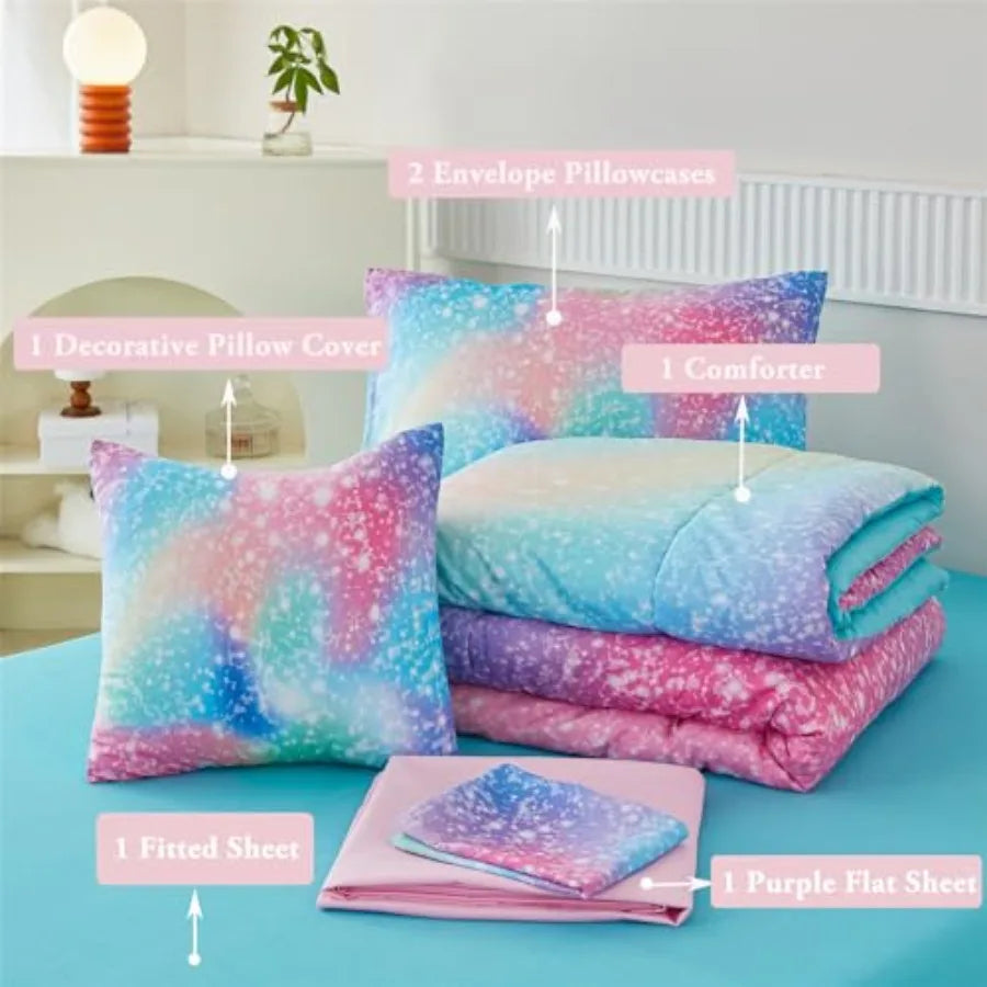 Girls Comforter Set Ombre Galaxy Glitter Bedding 6 Piece