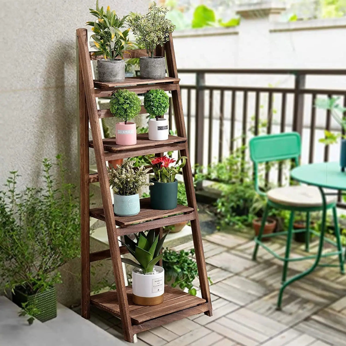 Folding Four Tier Wooden Ladder Shelf Bookcase Plant Display Rack