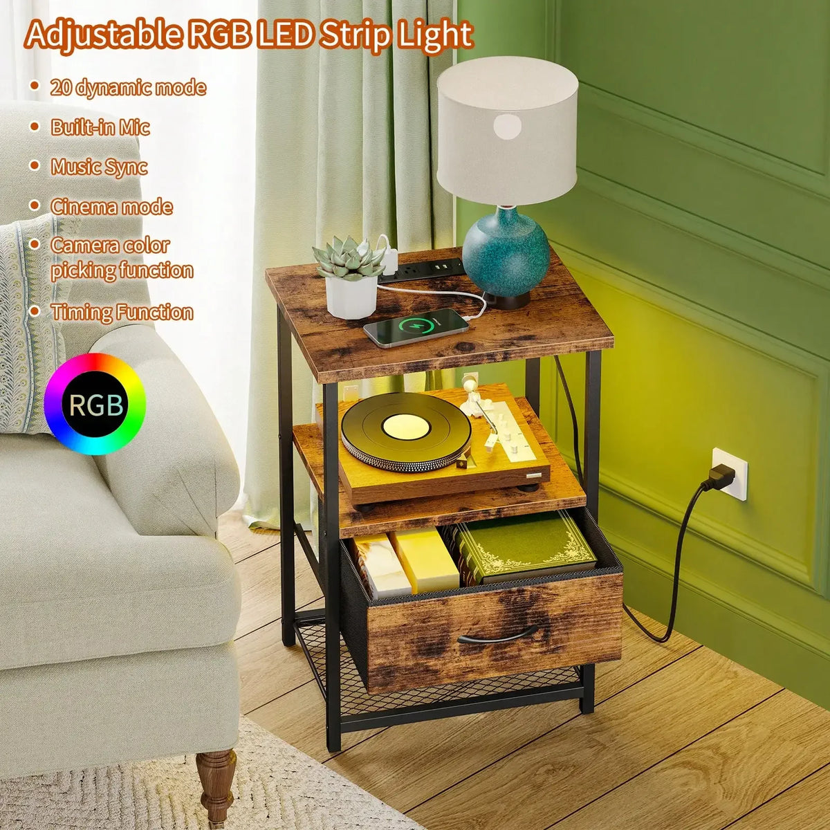 Bedside Nightstand With Charging Station, LED Light And Fabric Drawers