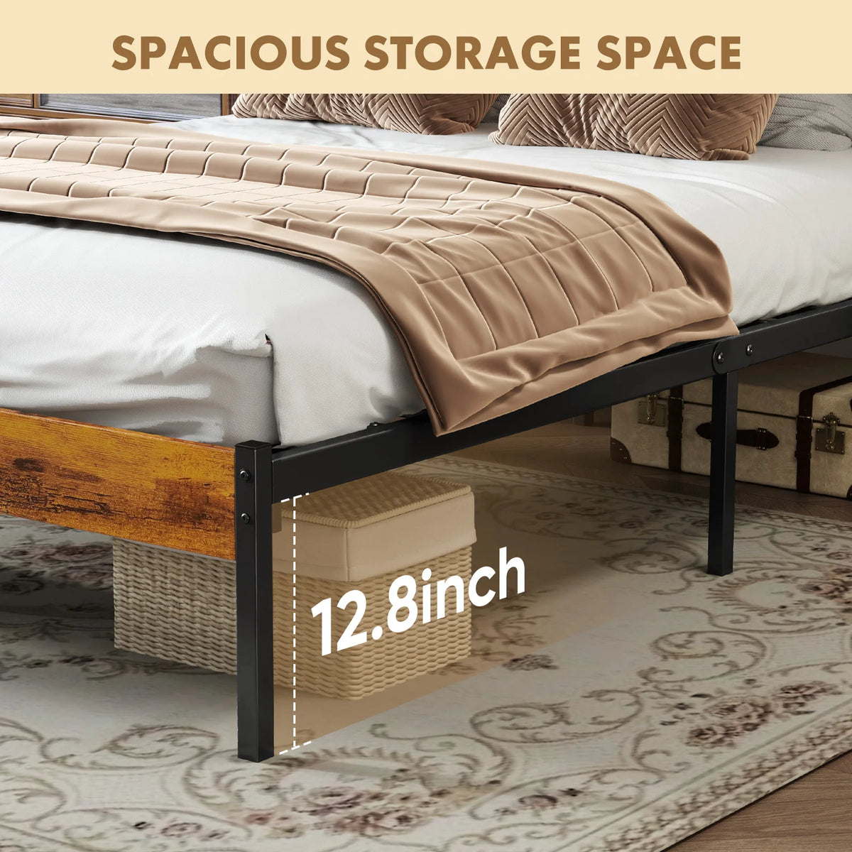 MCQ Wooden Headboard Metal Platform Bed Frame With Slat Support