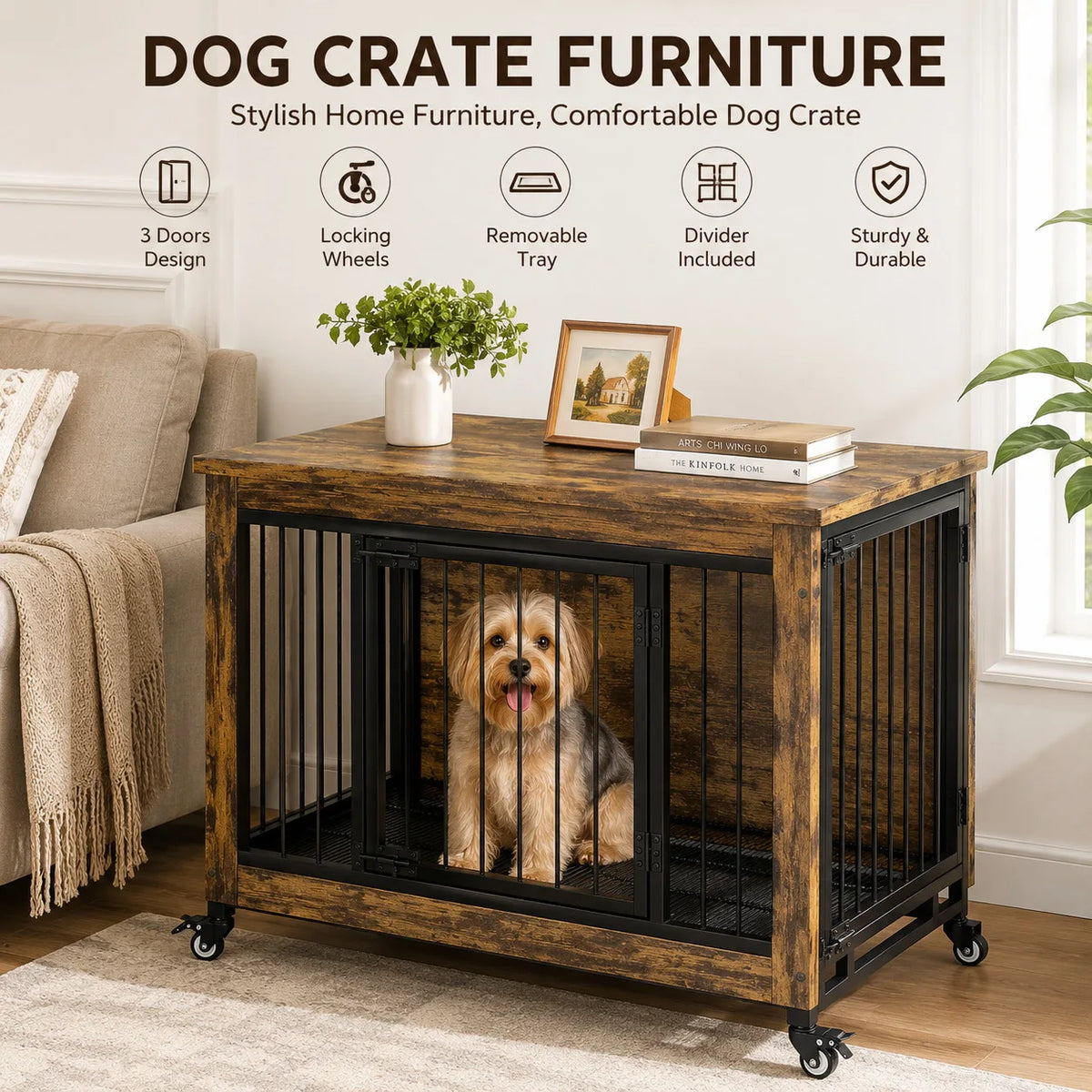 ANIXOL Wooden Dog Crate Furniture with Locking Doors and Tray