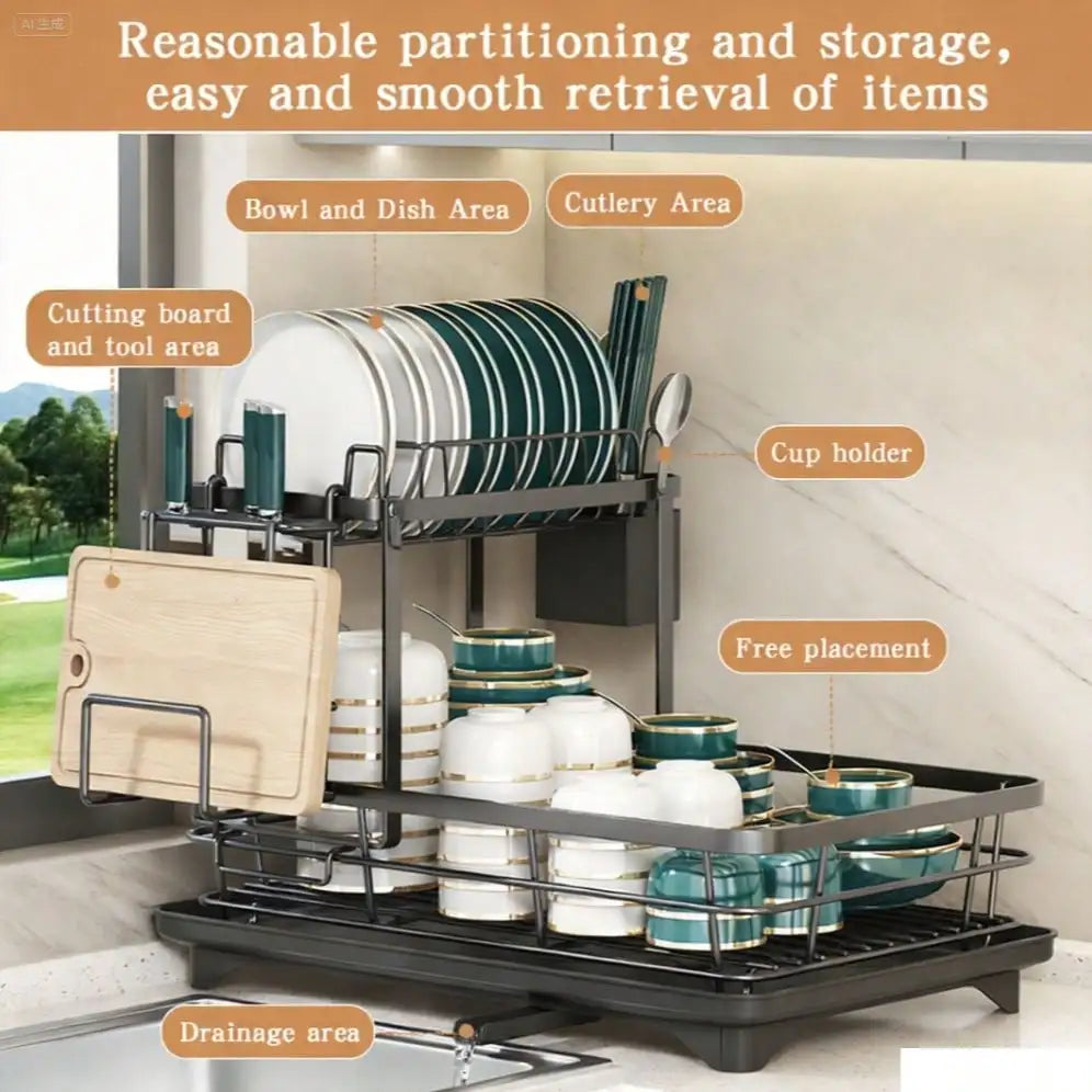 Double Layer Carbon Steel Kitchen Cutlery And Drinkware Drain Rack