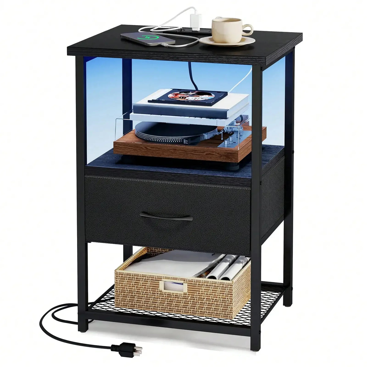 Bedside Nightstand With Charging Station, LED Light And Fabric Drawers