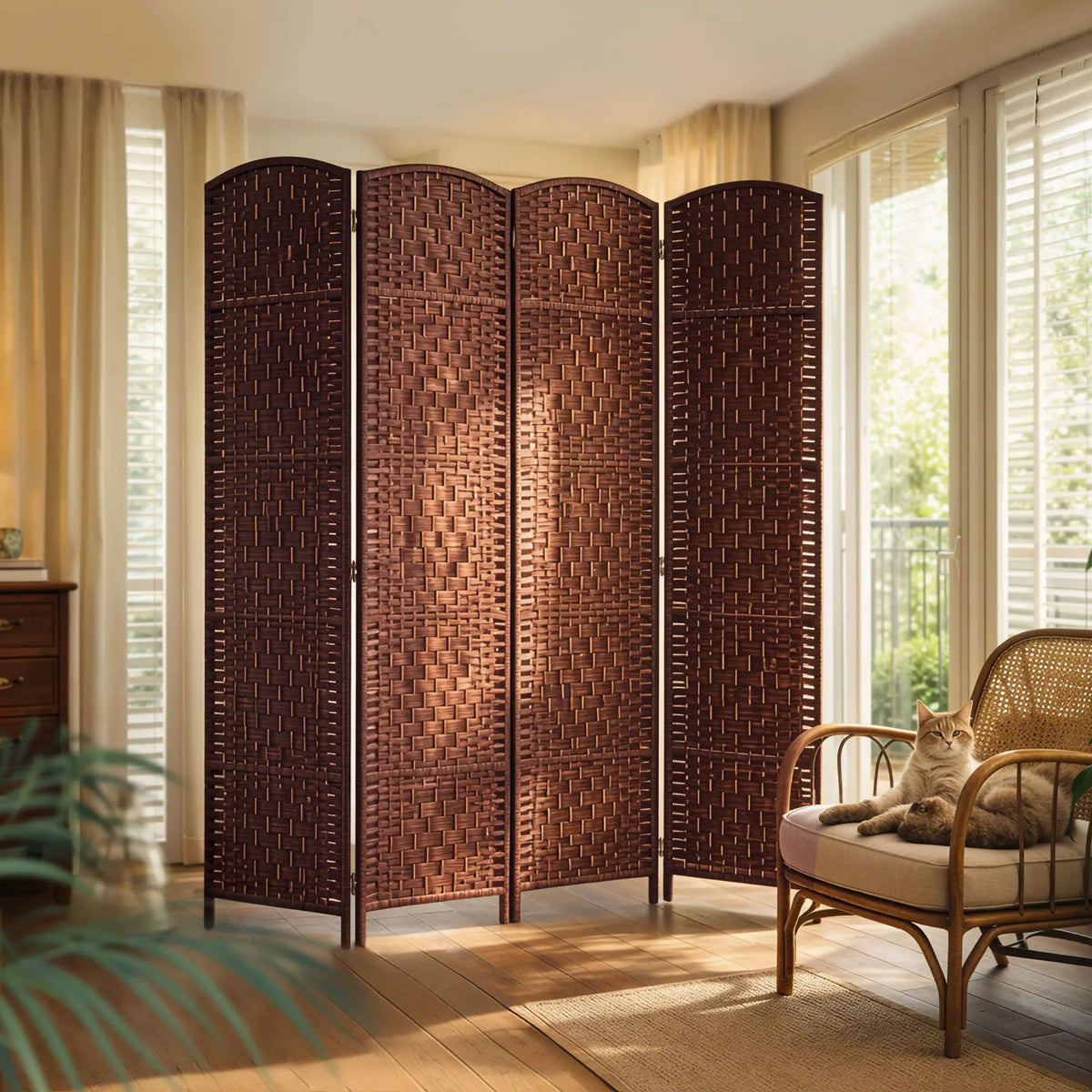 HOMCOM Handwoven Folding Room Divider Privacy Screen With Rotating Panels