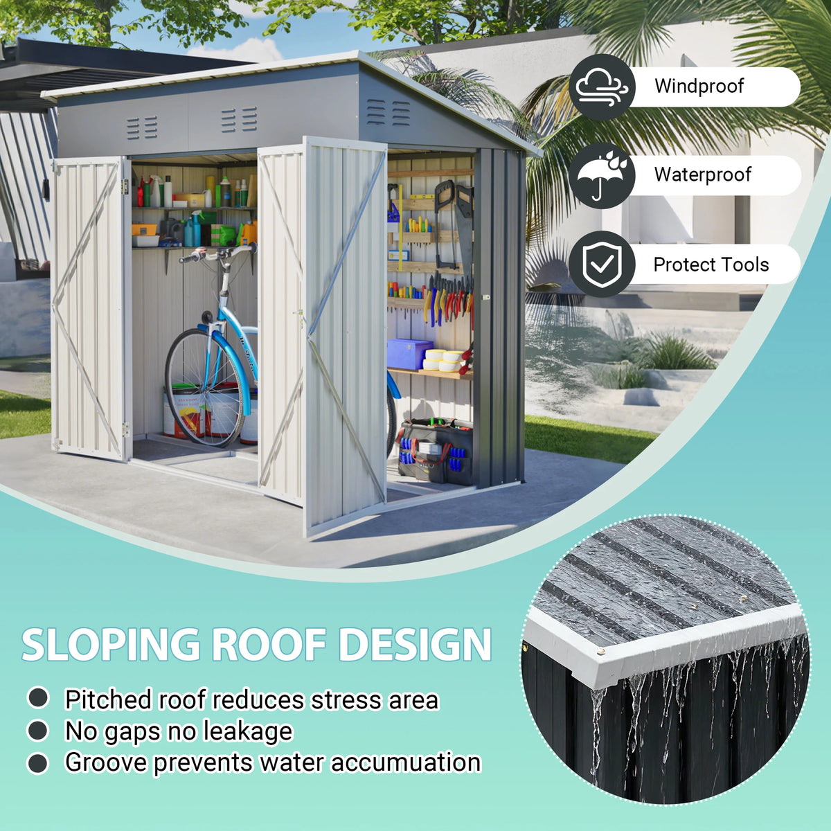 GIHAUVIA Galvanized Steel Outdoor Storage Shed with Double Front Doors
