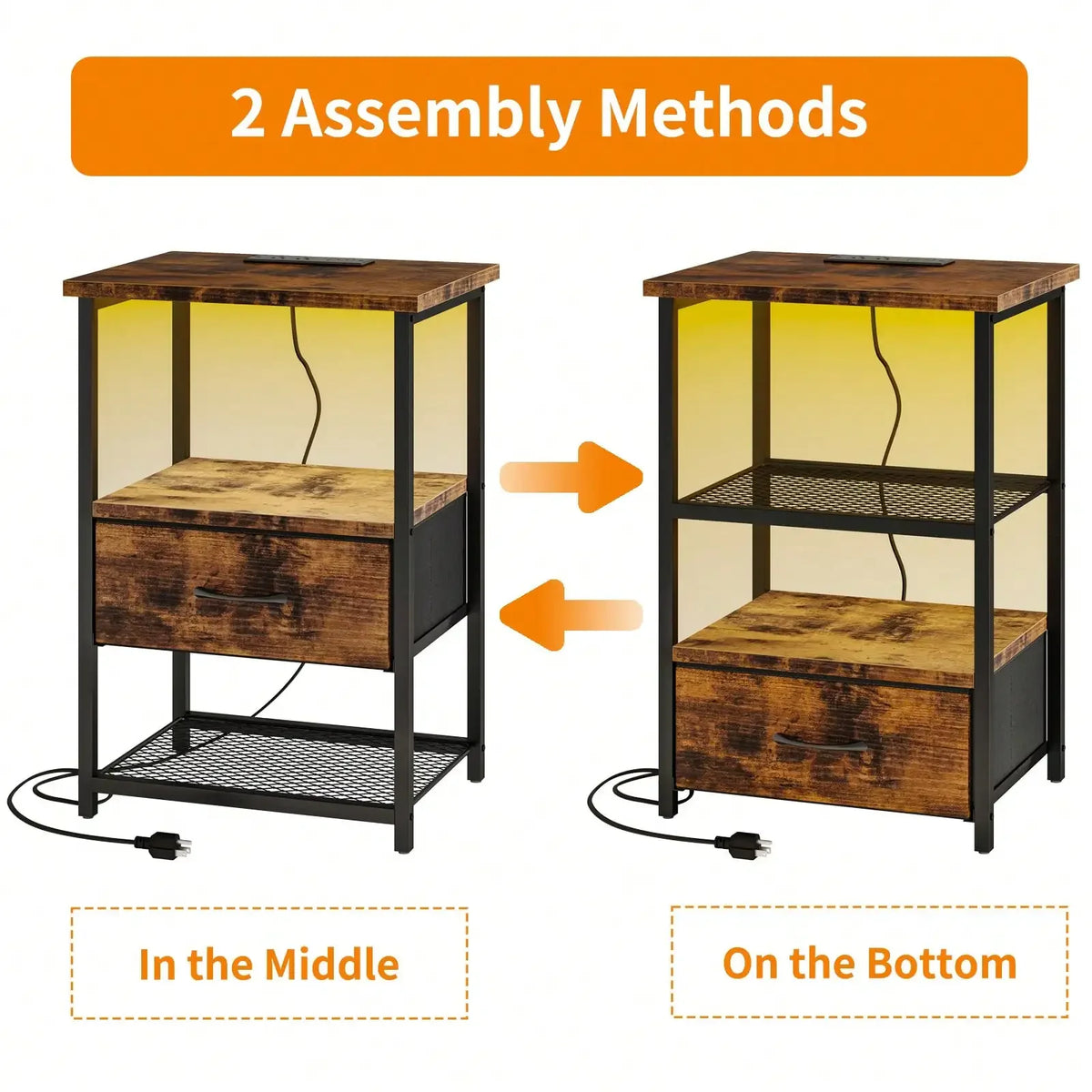 Bedside Nightstand With Charging Station, LED Light And Fabric Drawers