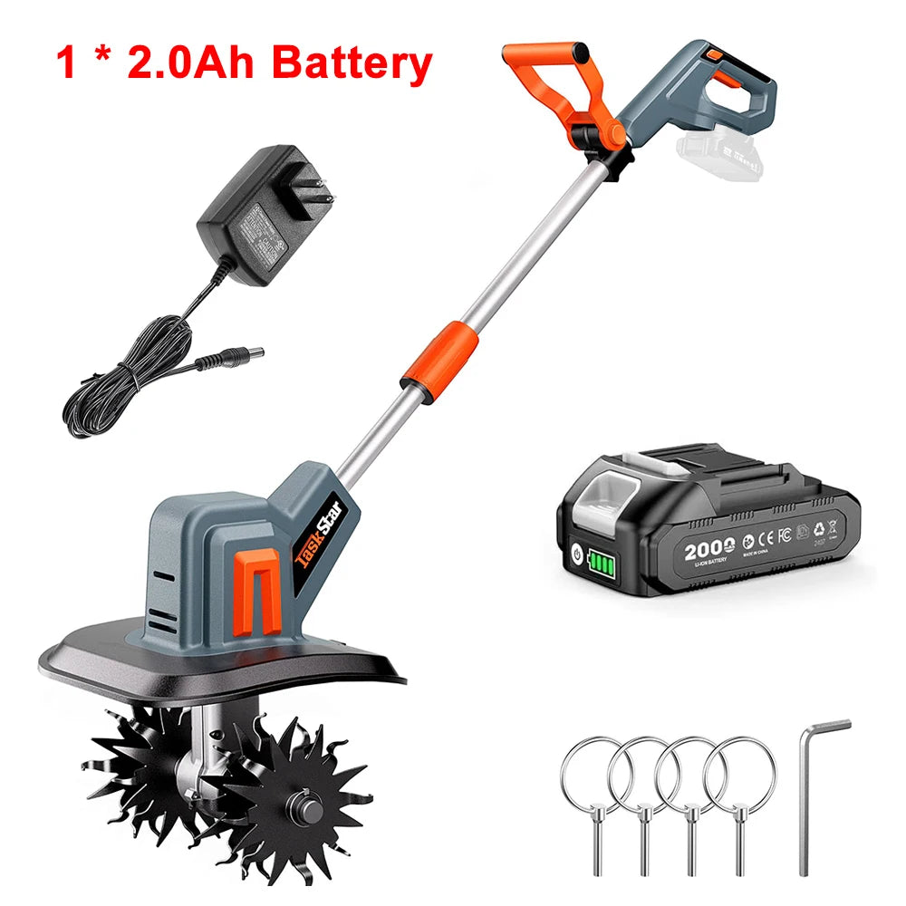 TaskStar Cordless Electric Tiller With Portable Soil Cultivator