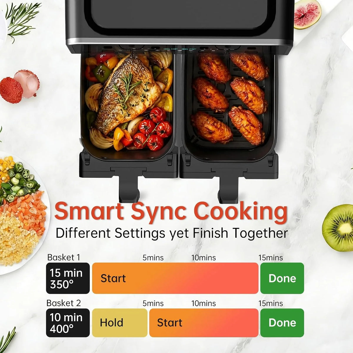 Dual Basket Ceramic Air Fryer With Smart Finish Digital Touchscreen