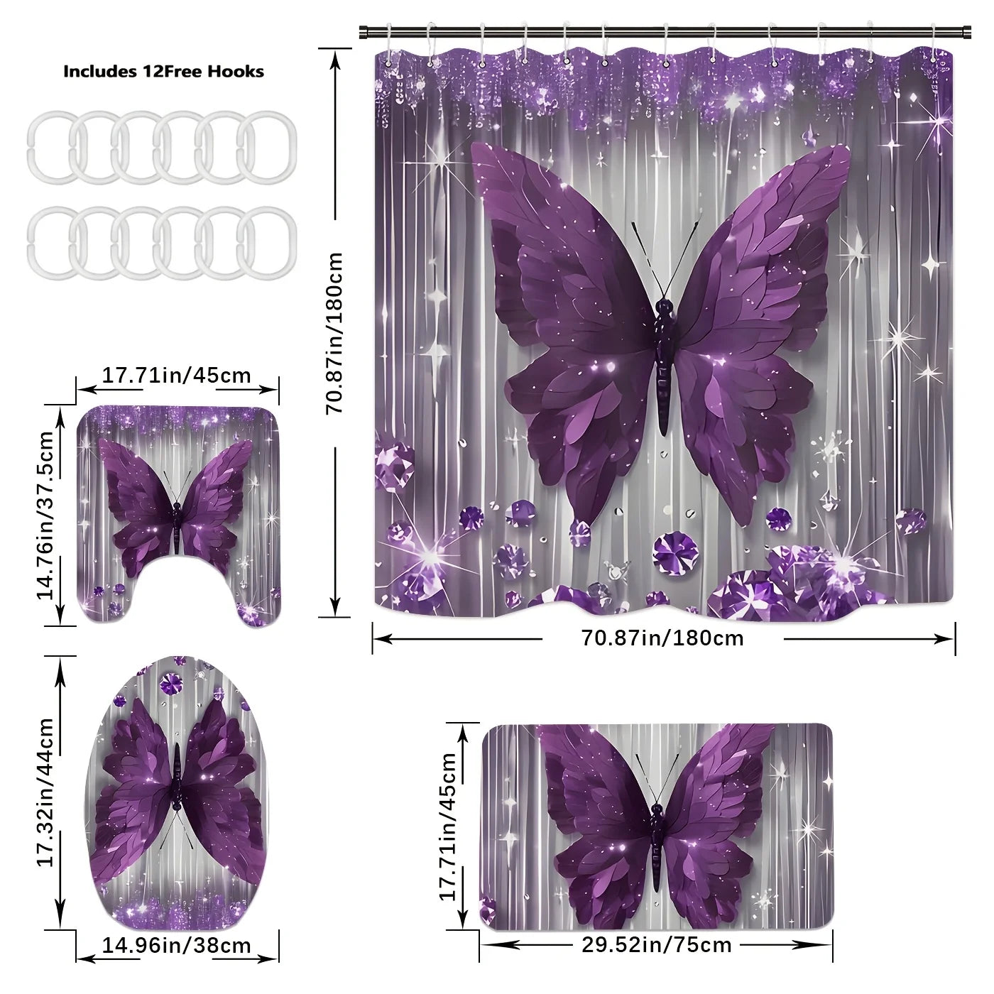 Butterfly Bathroom Set With Shower Curtain And Toilet Cover