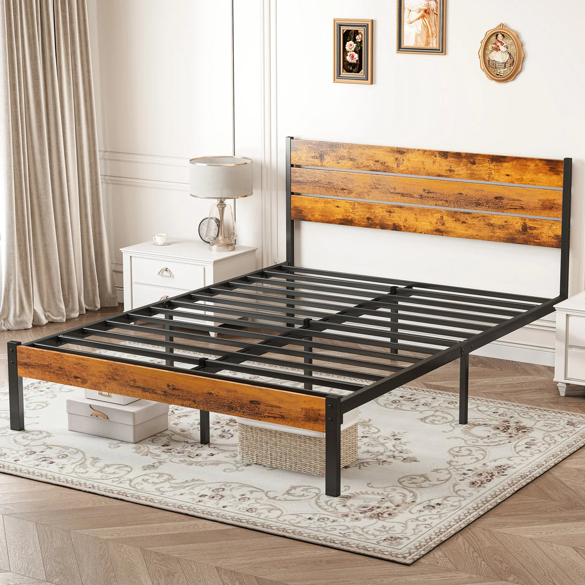 MCQ Wooden Headboard Metal Platform Bed Frame With Slat Support