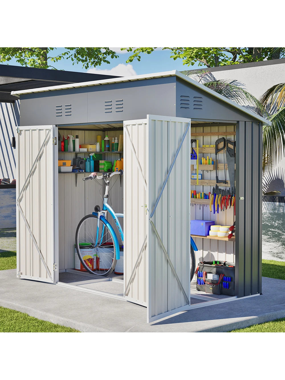 GIHAUVIA Galvanized Steel Outdoor Storage Shed with Double Front Doors