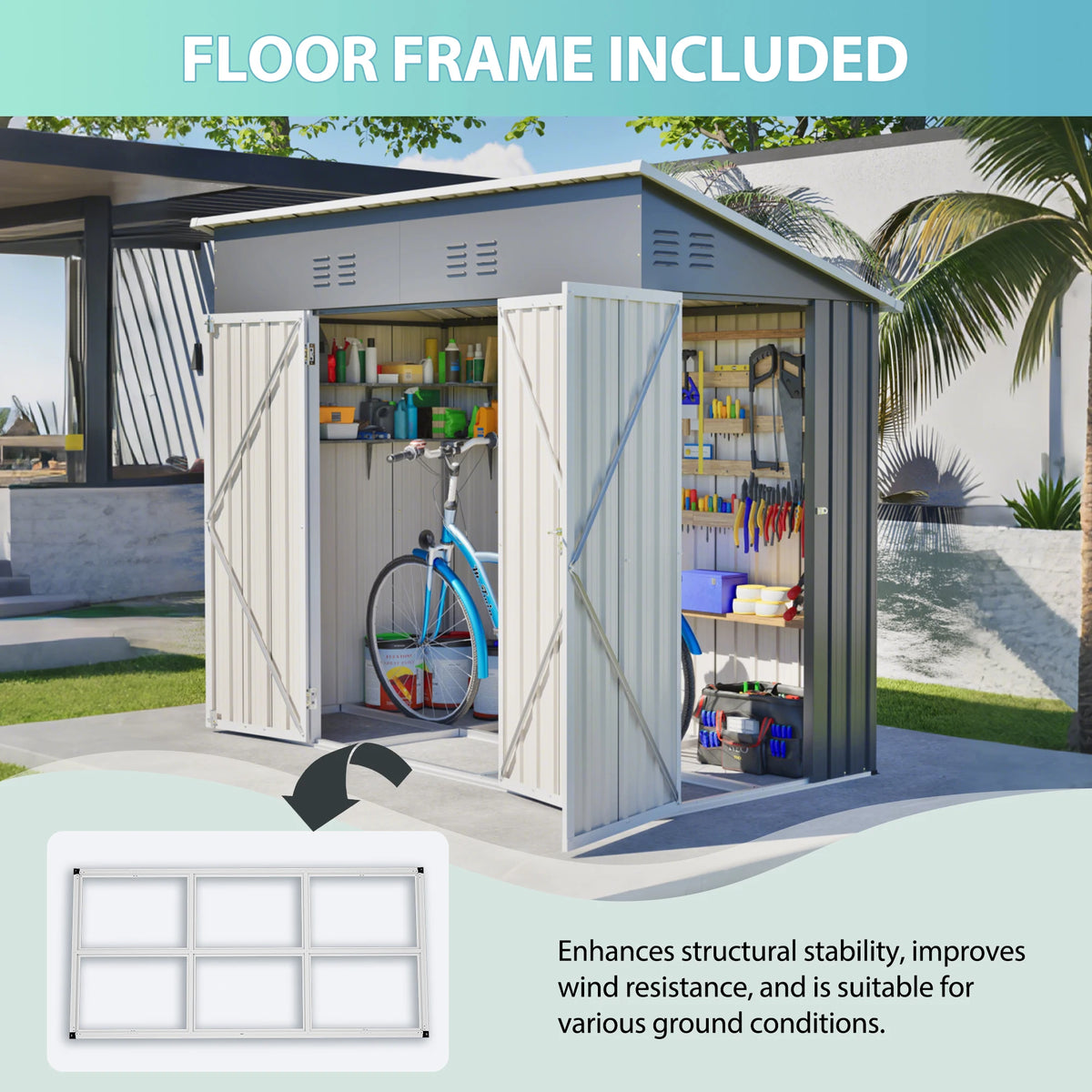 GIHAUVIA Galvanized Steel Outdoor Storage Shed with Double Front Doors