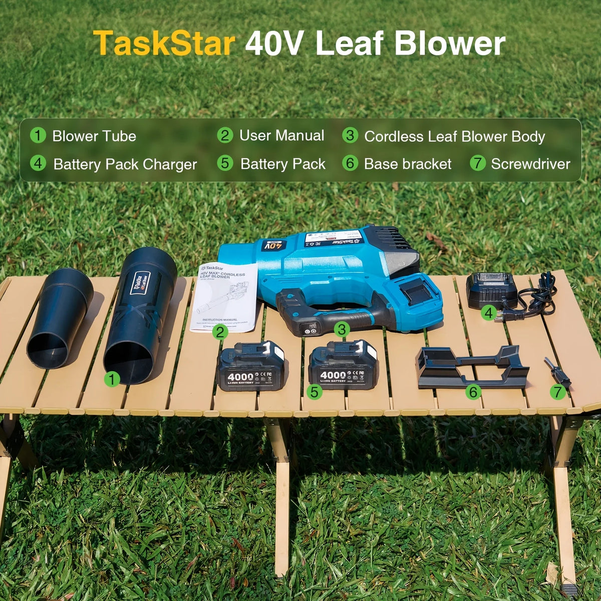 TaskStar 40V Cordless Leaf Blower Brushed Motor 2x4.0Ah Batteries