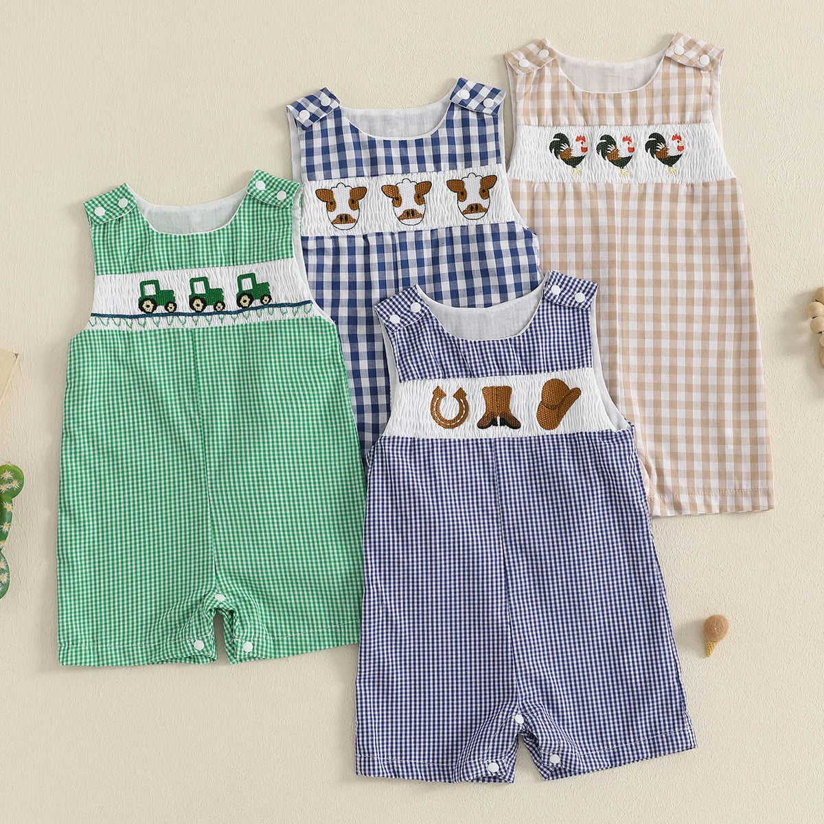Embroidered Cotton Baby Romper With Sleeveless Button Front