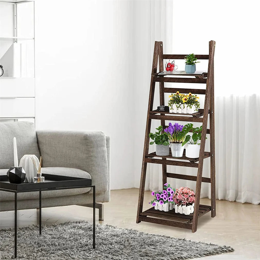 Folding Four Tier Wooden Ladder Shelf Bookcase Plant Display Rack