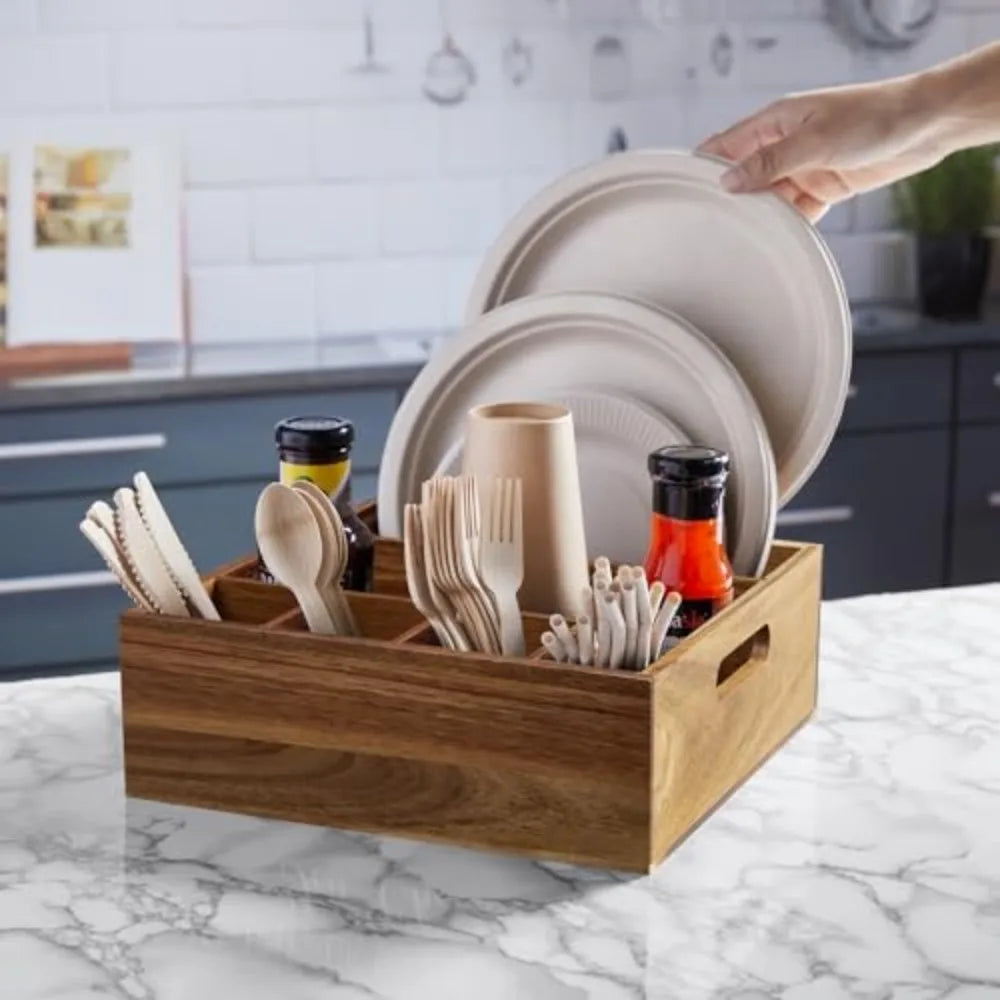 Acacia Wood Utensil Holder and Paper Plate Organizer for Kitchen