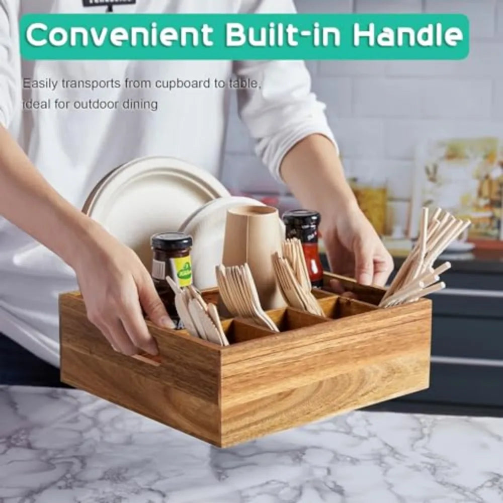 Acacia Wood Utensil Holder and Paper Plate Organizer for Kitchen