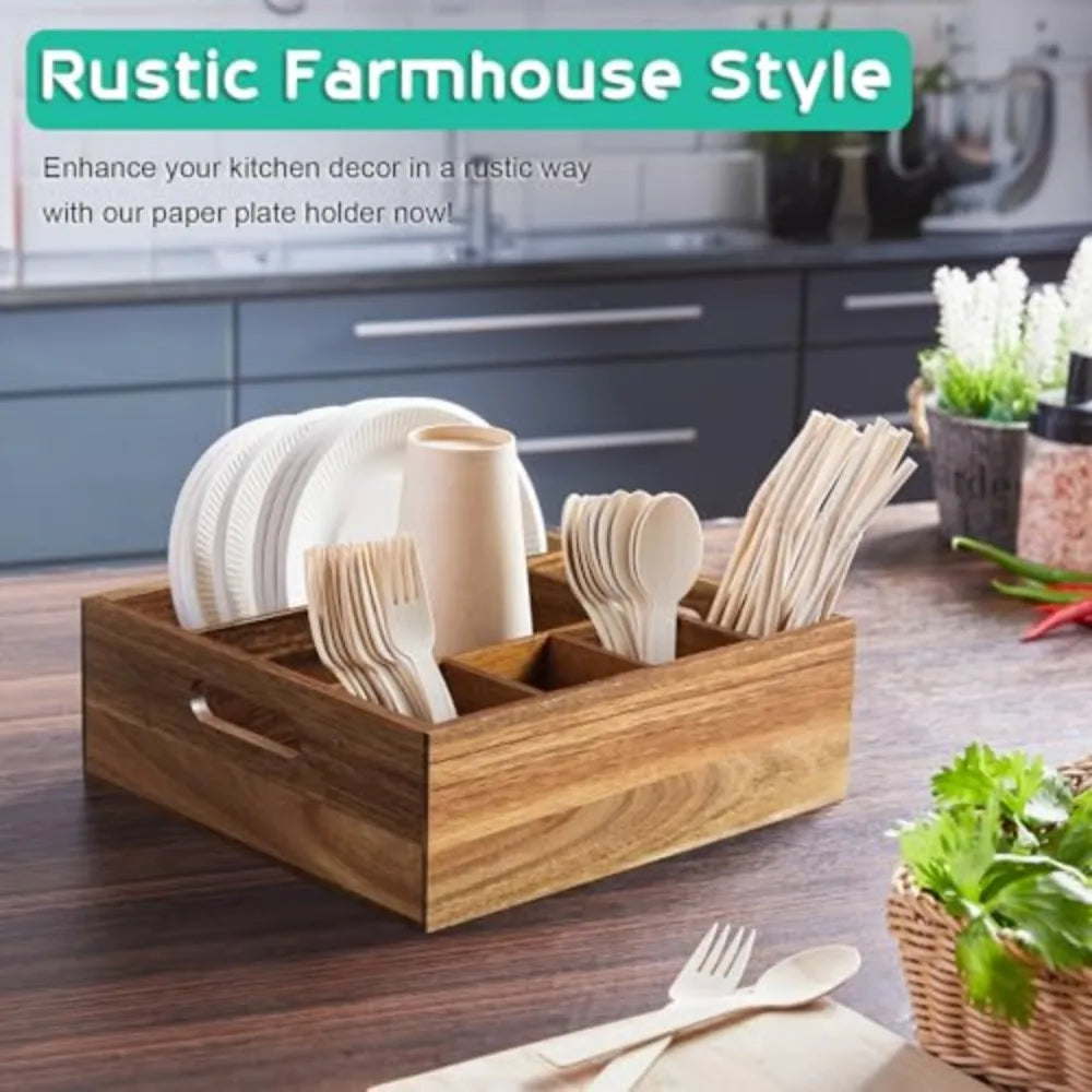 Acacia Wood Utensil Holder and Paper Plate Organizer for Kitchen