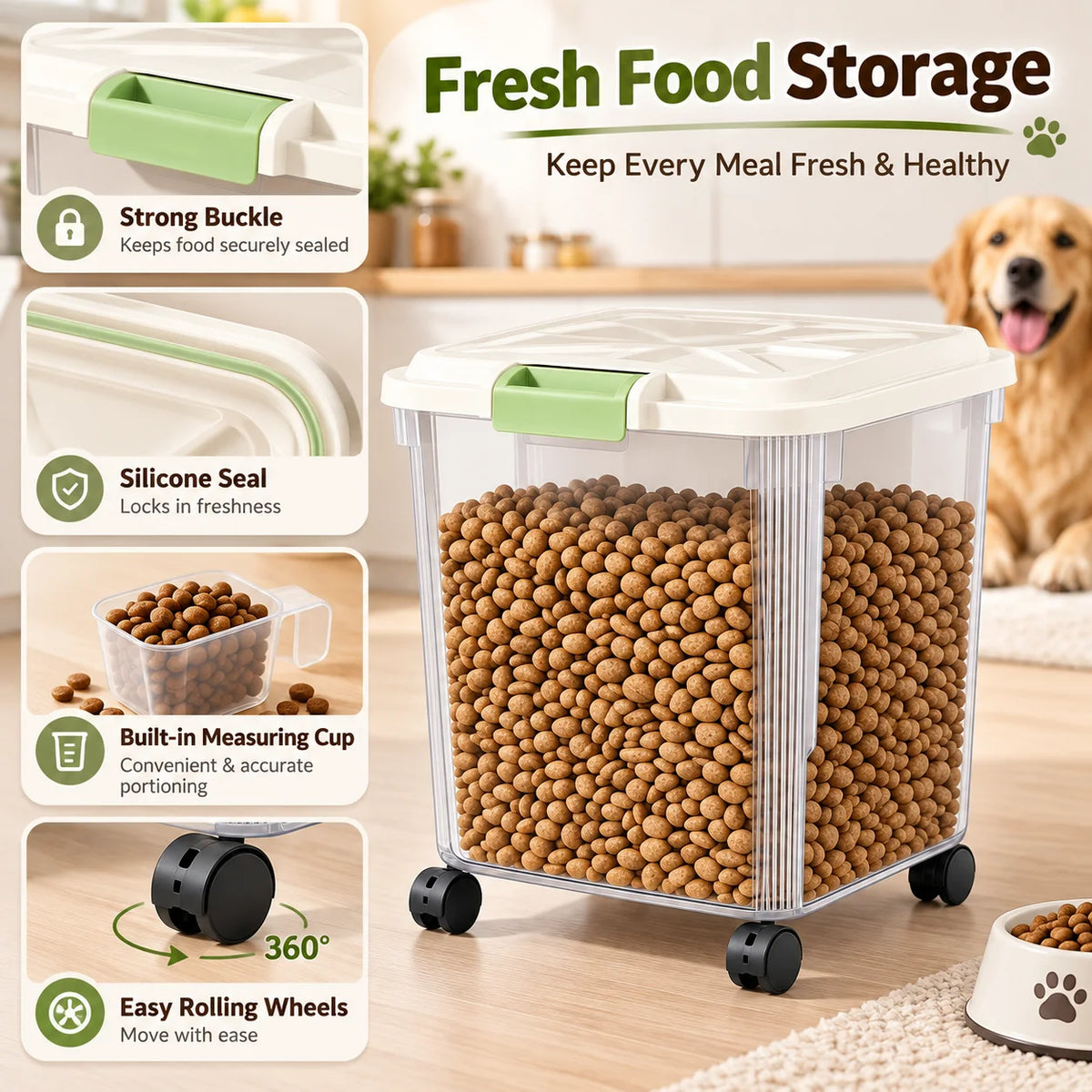 Airtight Pet Food Storage Container With Wheels And Measuring Cup