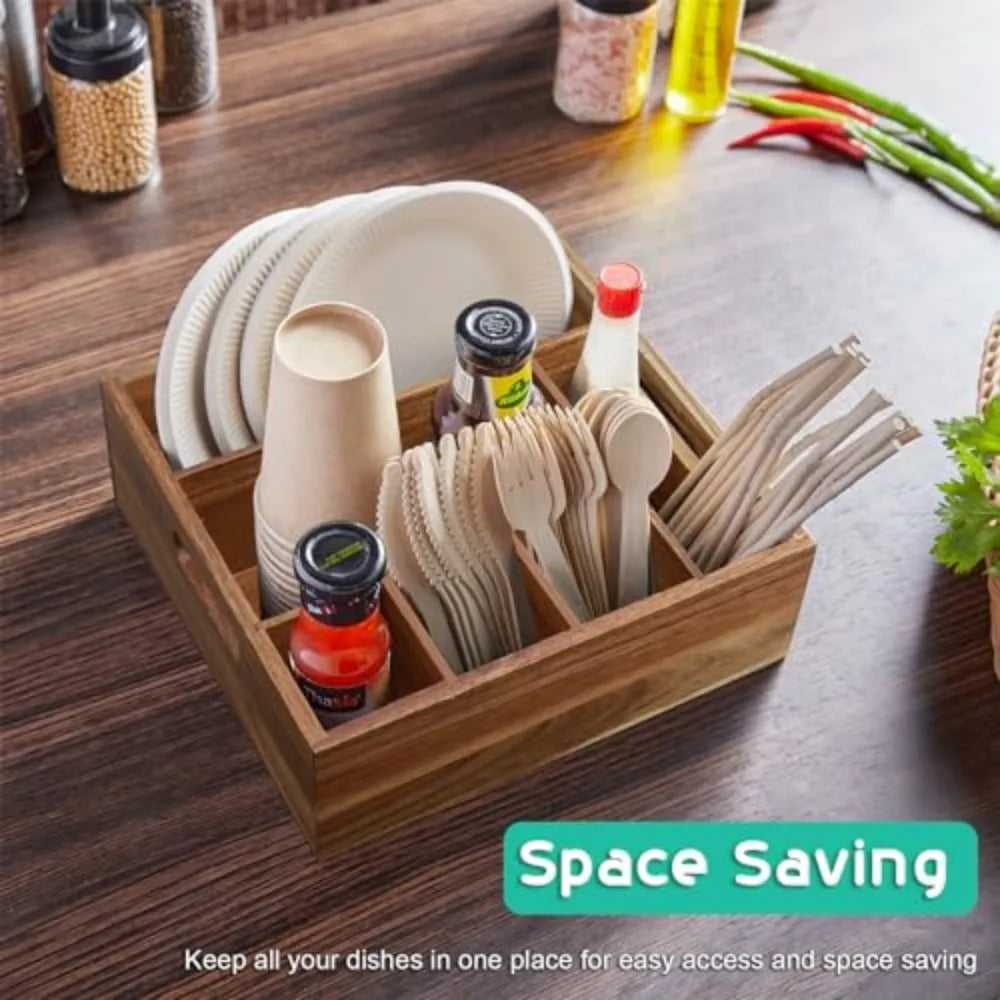 Acacia Wood Utensil Holder and Paper Plate Organizer for Kitchen