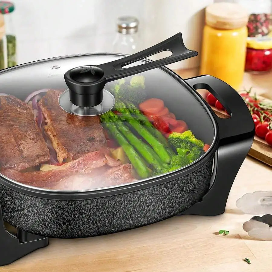 XMSJ Nonstick Electric Skillet With Glass Lid And Thermostat