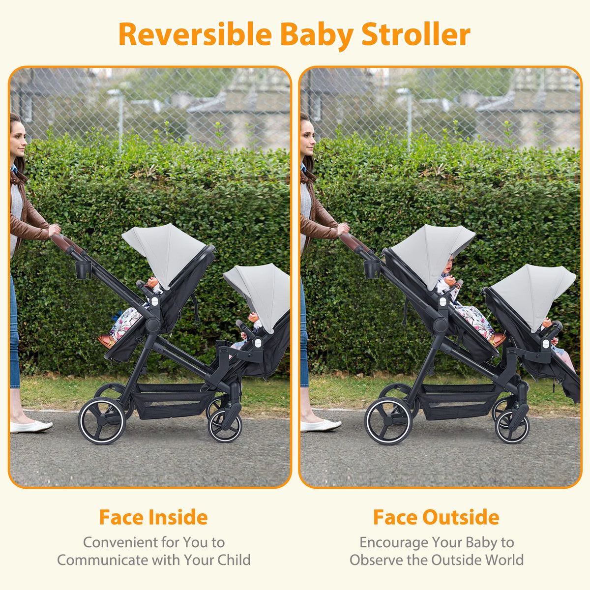Adjustable Tandem Double Stroller With Reversible Infant And Toddler Seats