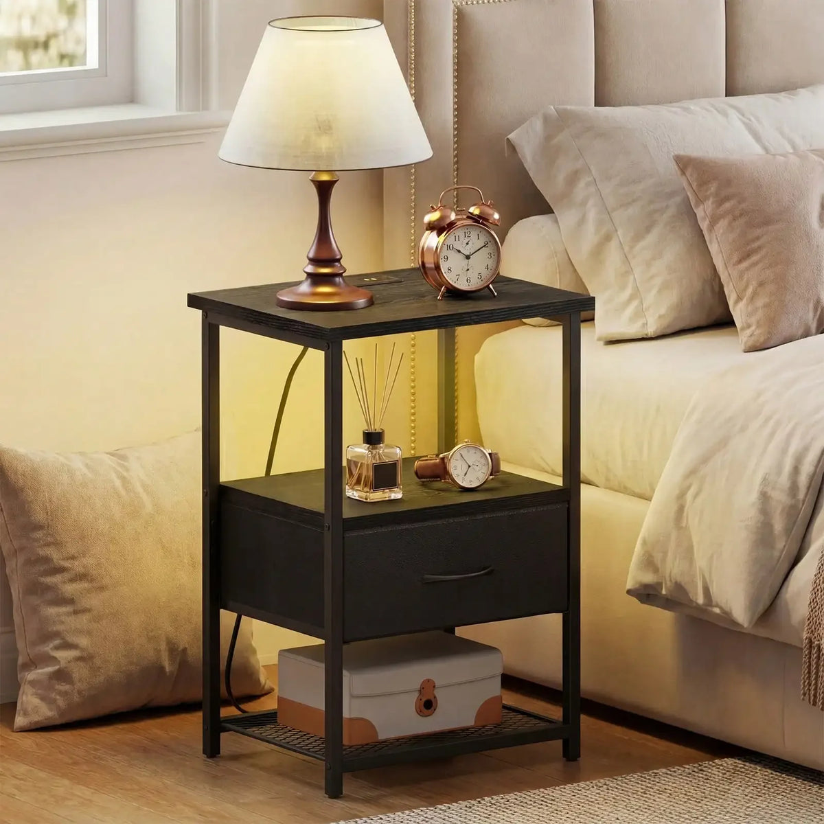 Bedside Nightstand With Charging Station, LED Light And Fabric Drawers