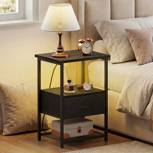 Bedside Nightstand With Charging Station, LED Light And Fabric Drawers