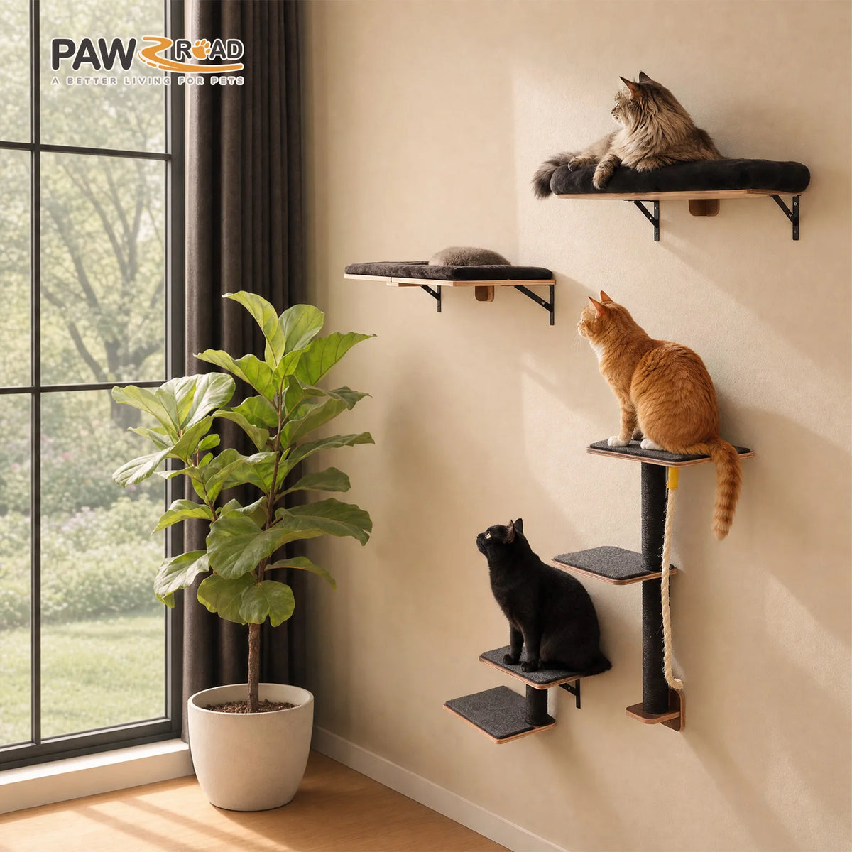 PAWZ Road Wooden Cat Wall Climbing Shelves With Sisal Ropes