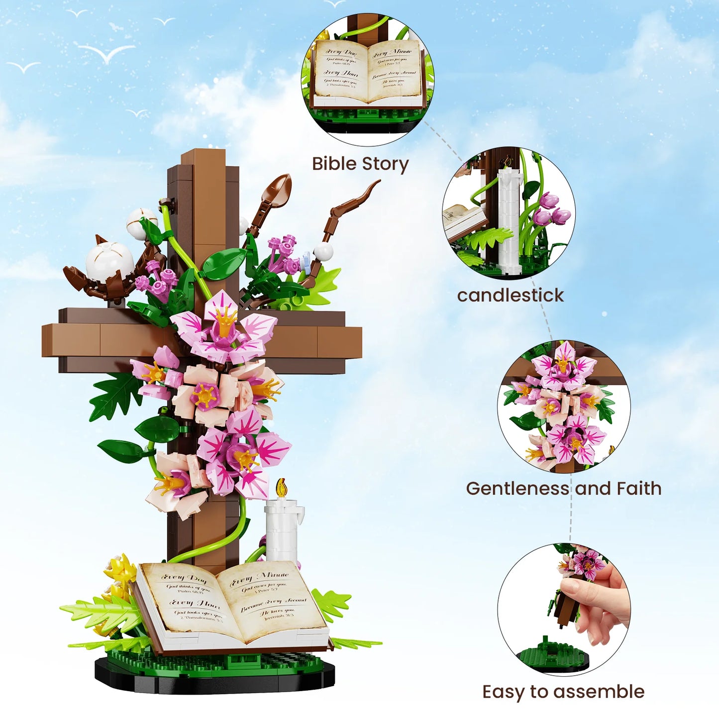 BuildMoc Jesus Cross Flower Building Set Religious Blocks Christian Gift