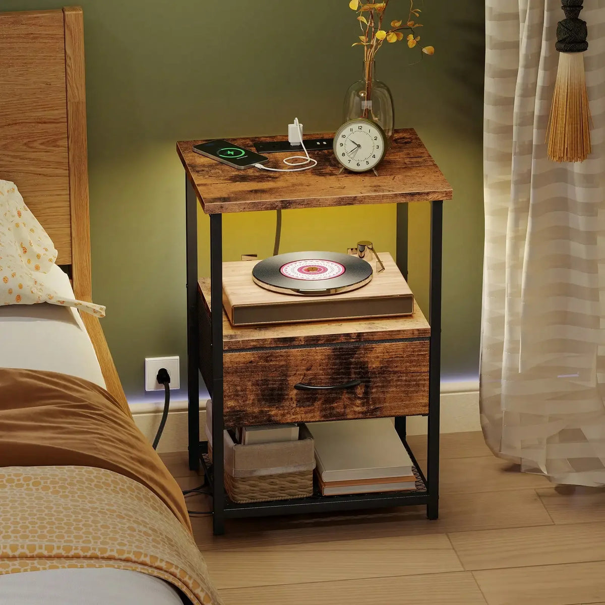 Bedside Nightstand With Charging Station, LED Light And Fabric Drawers