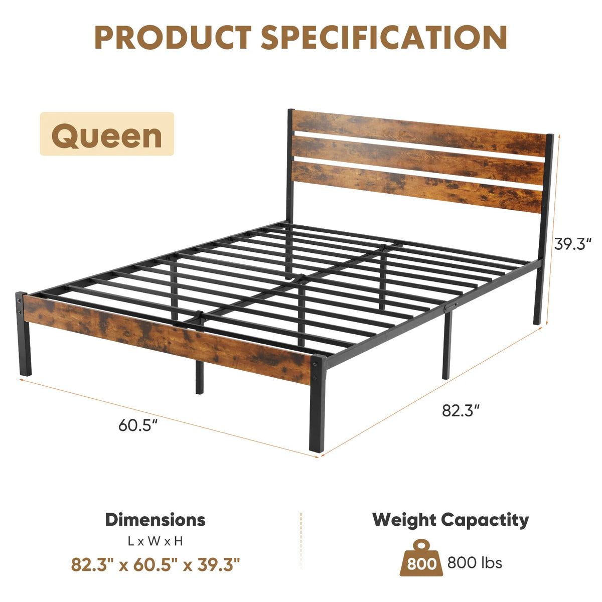 MCQ Wooden Headboard Metal Platform Bed Frame With Slat Support