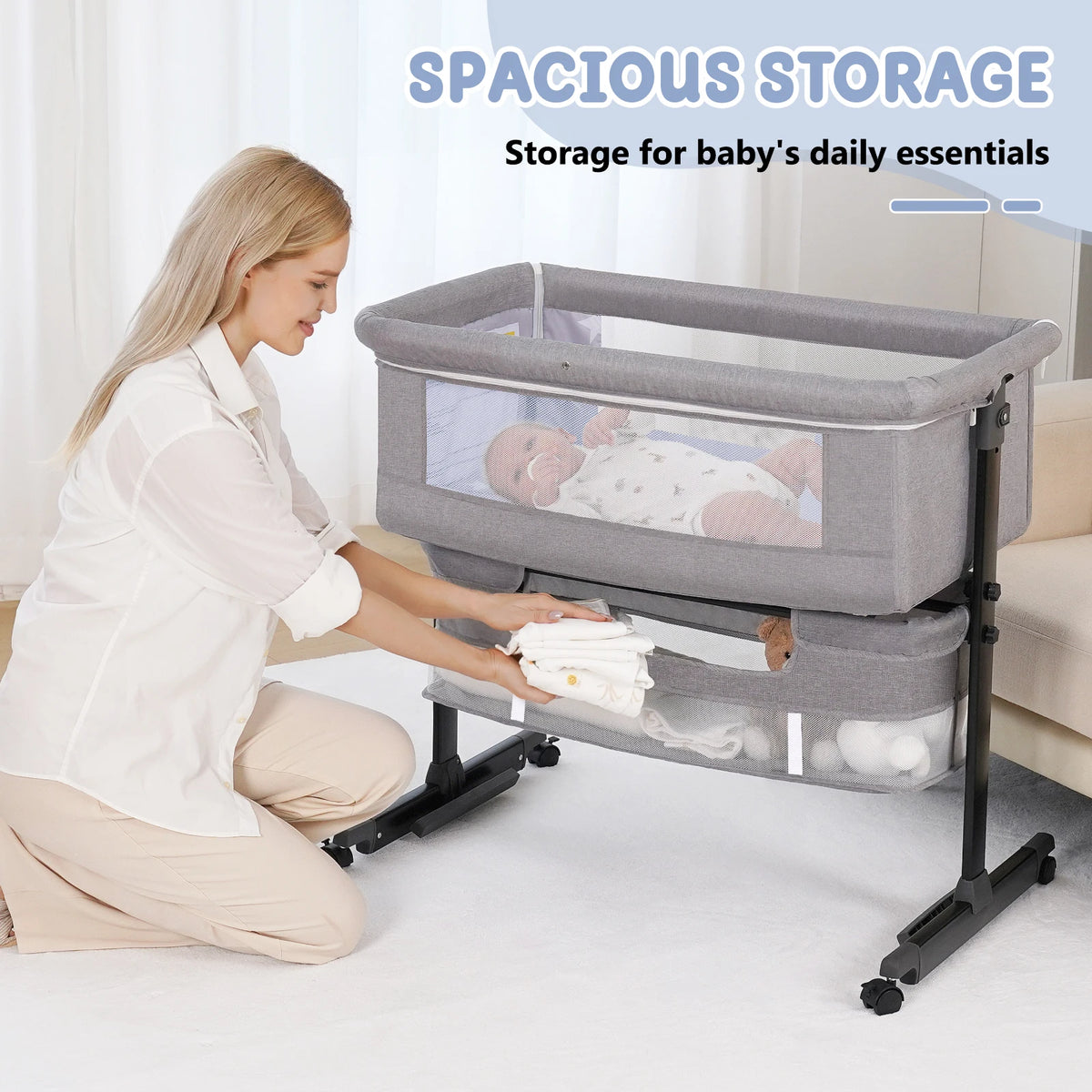 Baby Bedside Bassinet 3In1 Crib With Portable Folding Headboard