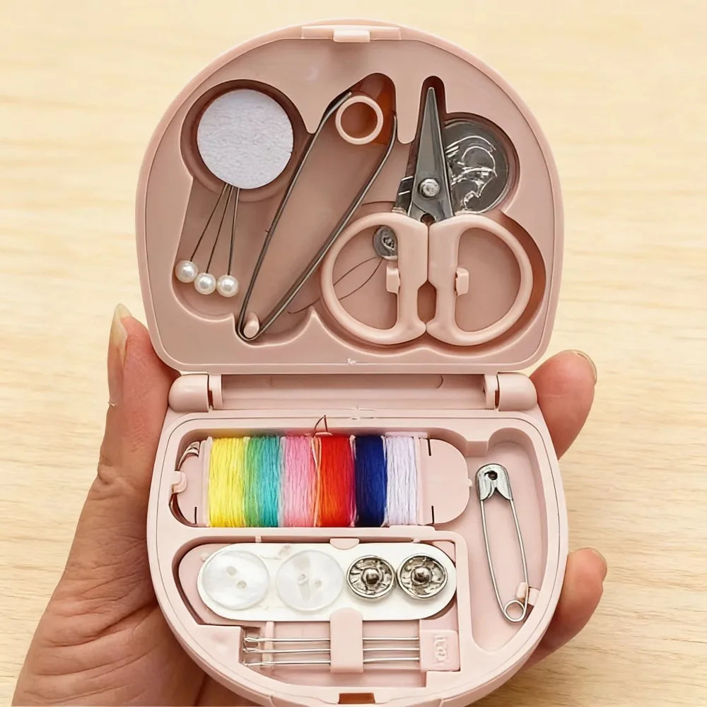 Adorable Pink Compact Sewing Kit For On The Go Repairs Plastic Tool Set