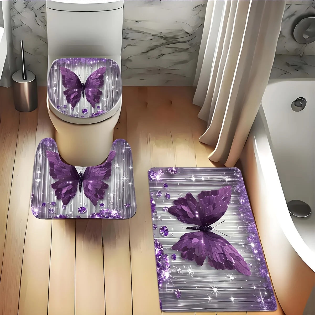 Butterfly Bathroom Set With Shower Curtain And Toilet Cover