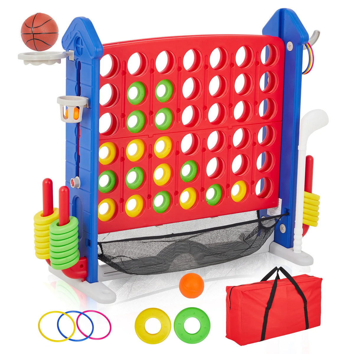 Adjustable Outdoor Game Set With Basketball Hoop And Ring Toss