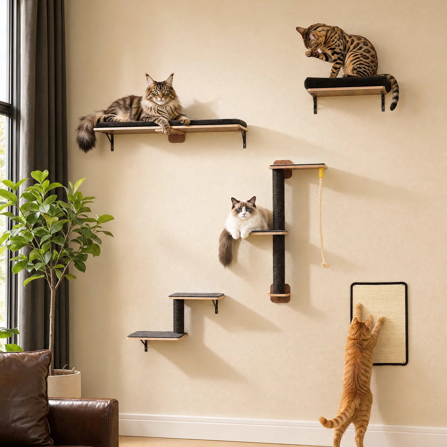 PAWZ Road Wooden Cat Wall Climbing Shelves With Sisal Ropes
